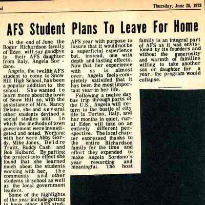 Newspaper clipping, “AFS Student Plans to Leave for Home” (Angela Sordano ), June 28, 1973