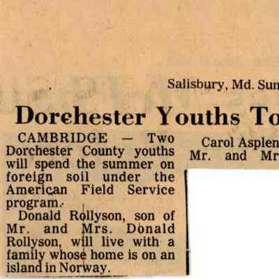 Newspaper clipping, “Dorchester Youths to be in AFS Program,” June 26, 1983
