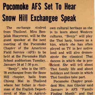 Newspaper clipping, “Pocomoke AFS Set to Hear Snow Hill Exchangee Speak” (Benjalak Huayrerai), Feb. 1978 (3 pieces)