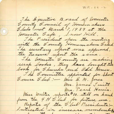 Minutes, Worcester County Homemakers Clubs, 1938-1942