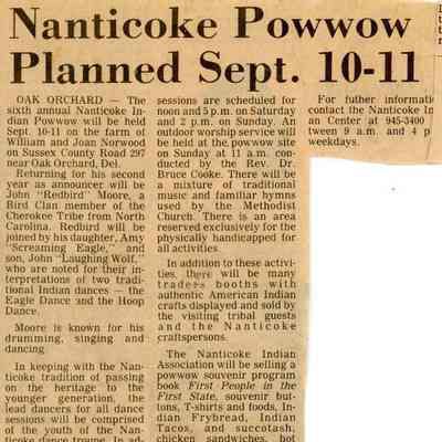 Newspaper clipping, “Nanticoke Powwow Planned Sept. 10-11,” Sept. 1983