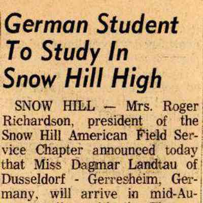 Newspaper clipping, “German Student to Study in Snow Hill High” (Dagmar Landtau), July 28, 1974