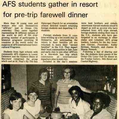 Newspaper clipping, “AFS students gather in resort for pre-tip farewell dinner,” June 20, 1984