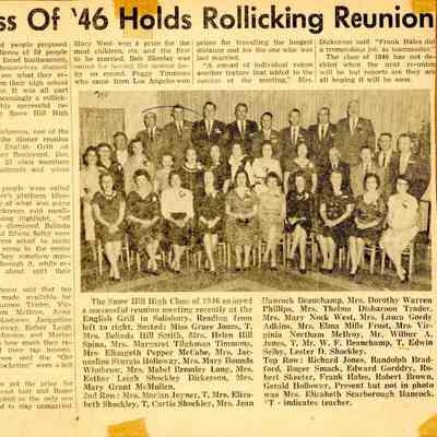 Newspaper Clipping, “Class of ’46 Holds Rollicking Reunion” Snow Hill High School, Jan. 12, 1961