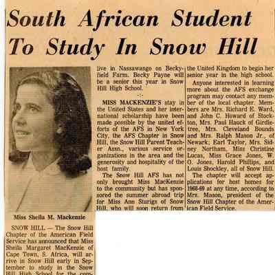 Newspaper clipping, “South African Student to Study in Snow Hill” (Sheila McKenzie), Aug. 24, 1967