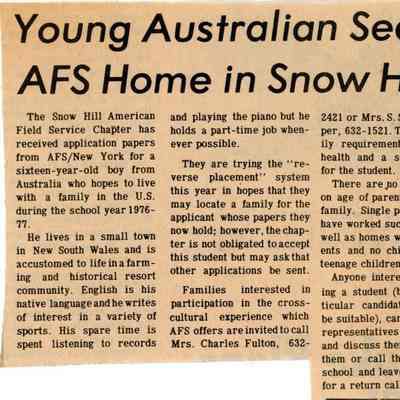 Newspaper clipping, “Young Australian Seeks AFS Home in Snow Hill” (Paul Coombs), Feb. 25, 1976