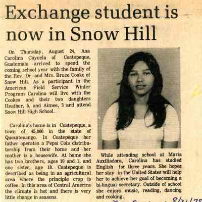 Newspaper clipping, “Exchange student is now in Snow Hill” (Ana Carolina Cayuela), Aug. 31, 1978