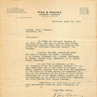 Bank Correspondence, Poe & Davies, Apr. 30, 1920