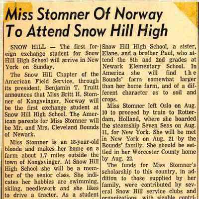 Newspaper clipping, “Miss Stomner of Norway to Attend Snow Hill High”, 1960