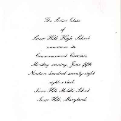 Commencement Invitation, Snow Hill High School, Benjalak Huayrerai, Jun 1978