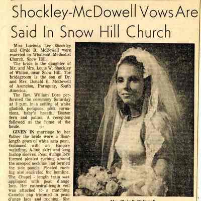 Newspaper clipping, “Shockley-McDowell Vows are Said in Snow Hill Church,” Sept. 2, 1973