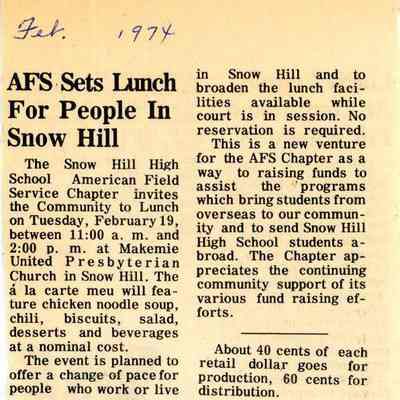 Newspaper clipping, “AFS Sets Lunch For People in Snow Hill,” Feb. 1974