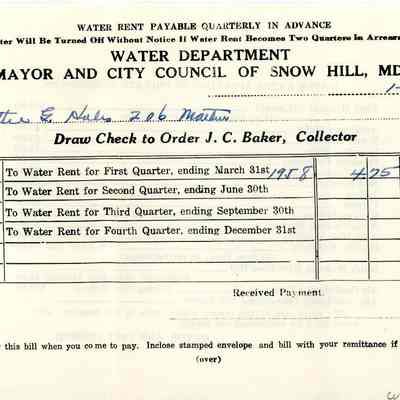 Water invoice, Snow Hill, Jan. 1958