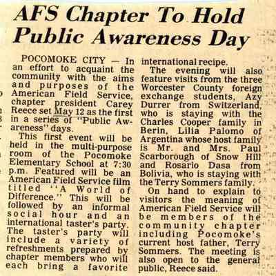 Newspaper clipping, “AFS Chapter to Hold Public Awareness Day,” May 3, 1982