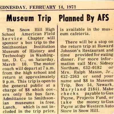 Newspaper clipping, “Museum trip planned by AFS,” Feb. 14, 1973