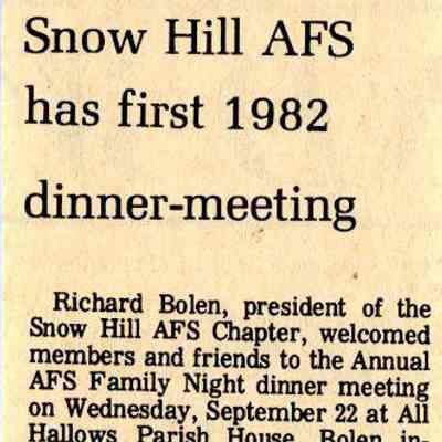Newspaper clipping, “Snow Hill AFS has first 1982 dinner-meeting,” Sept. 30, 1982