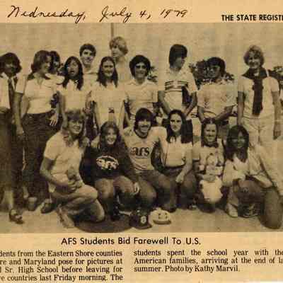 Newspaper clipping, “AFS Students Bid Farewell to US,” July 4, 1979