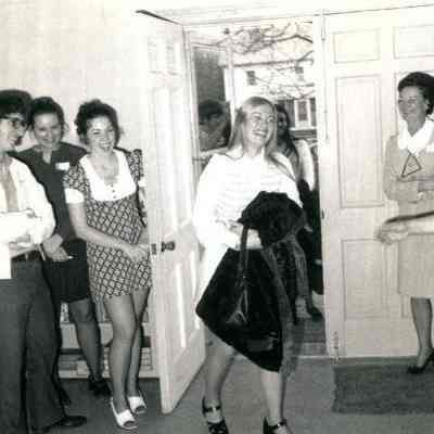 Photograph of Richard Lynch, Debbie Cherrix, Deborah Cropper, Jan Willey, and Martha Fulton at Jan Willey’s birthday party, Mar 1972