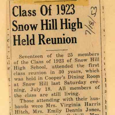 Newspaper clipping, “Class of 1923 Snow Hill High Held Reunion”, July 18, 1953