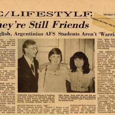 Newspaper clipping, “They’re Still Friends, English, Argentinian AFS Students Aren’t ‘Warring,’” May 13, 1982