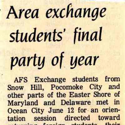 Newspaper clipping, “Area exchange students’ final party of the year”