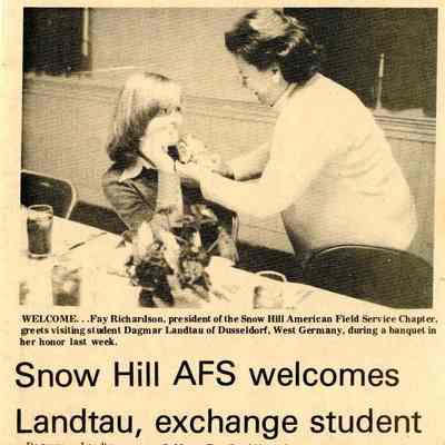 Newspaper clipping, “Snow Hill AFS welcomes Landtau, exchange student,” Oct. 3, 1974