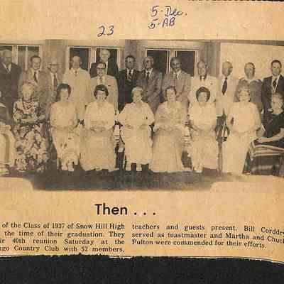 Newspaper clipping, “Then…And Now," 40th Reunion of Snow Hill High School Class of 1937, May 26, 1977