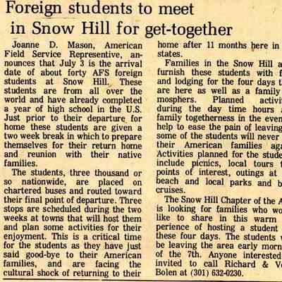 Newspaper clipping, “Foreign students to meet in Snow Hill for get-together”