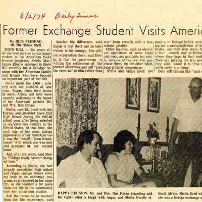Newspaper clipping, “Former Exchange Student Visits American Family” (Sheila MacKenzie), June 2, 1974