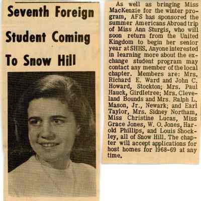 Newspaper clipping, “Seventh Foreign Student Coming to Snow Hill” (Sheila McKenzie), 1967