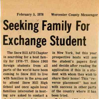Newspaper clipping, “Seeking Family for Exchange Student” (Paul Coombs), Feb. 5, 1976