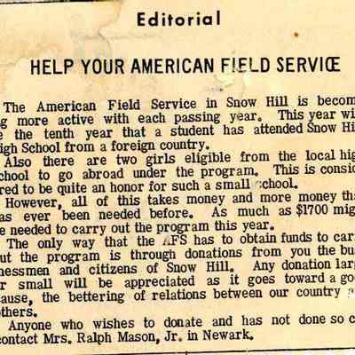Newspaper clipping, “Editorial: Help Your American Field Service”