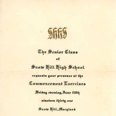 Commencement Invitation, Snow Hill High School, 1931