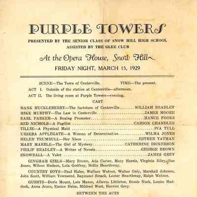 Program, Senior Class Play “Purple Towers”, Snow Hill High School, 1929
