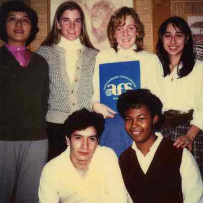 Photograph of Bixiti Cai, Stephanie Chissler, Nelson Hincatie, Leslie Murray, Rita Barchetti, and Jackie Baine at Worcester Co. Board of Education, Jan 1984
