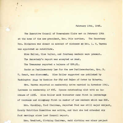 Minutes, Worcester County Homemakers Clubs, 1942-1944