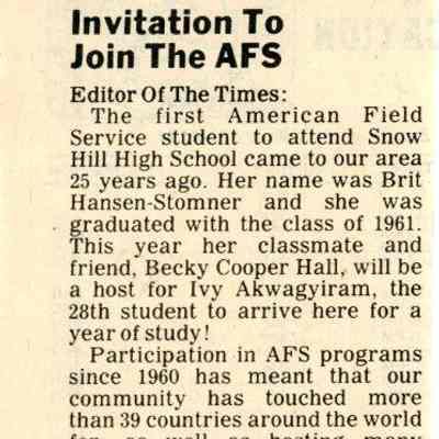 Newspaper clipping, “Invitation to Join the AFS,” Sept. 11, 1985