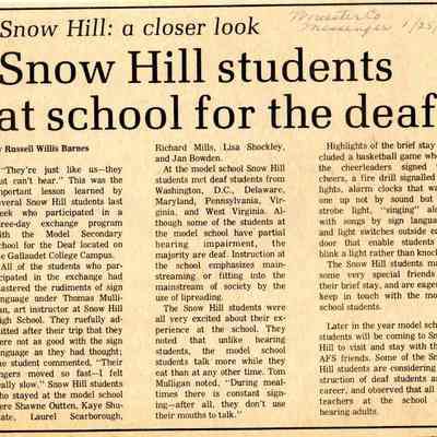 Newspaper clipping, “Snow Hill students at school for the deaf,” Jan. 25, 1979