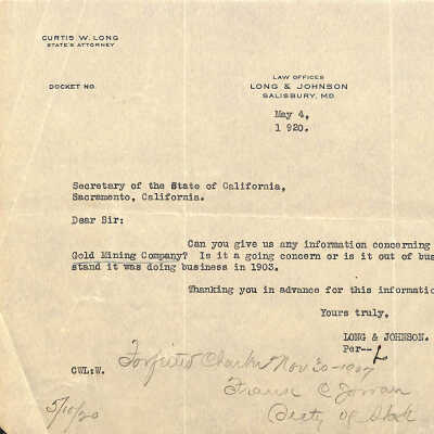 Bank Correspondence, Long & Johnson, May 4, 1920