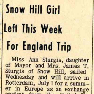 Newspaper clipping, “Snow Hill Girl Left this Week for England Trip” (Ann Sturgis), 1967