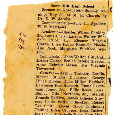 Newspaper clipping, Commencement, Snow Hill High School, 1937