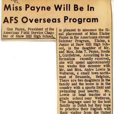 Newspaper clipping, “Miss Payne Will Be in AFS Overseas Program” (Elaine Payne), 1972