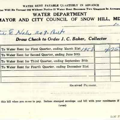 Water invoice, Snow Hill, Jan. 1958