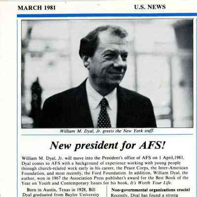 Newsletter clipping, “New president for AFS!,” Mar 1981