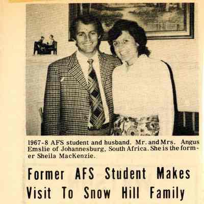 Newspaper clipping, “Former AFS Student Makes Visit to Snow Hill Family 1974” (Sheila MacKenzie), May 30, 1974