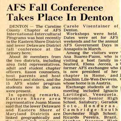 Newspaper clipping, “AFS Fall Conference Takes Place in Denton,” Oct. 14, 1982