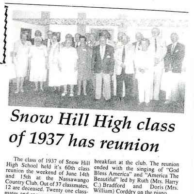 Newspaper Clipping Scan: “Snow Hill High class of 1937 has reunion”, 1997