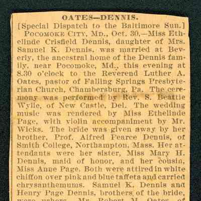 Newspaper clipping, "Oates-Dennis" wedding, 1902