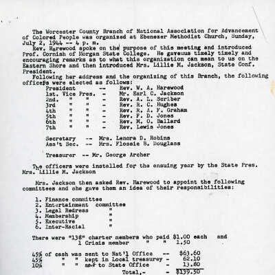Worcester County NAACP History, 1944-1947