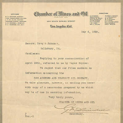 Bank Correspondence, Chamber of Mines and Oil, May 6, 1920